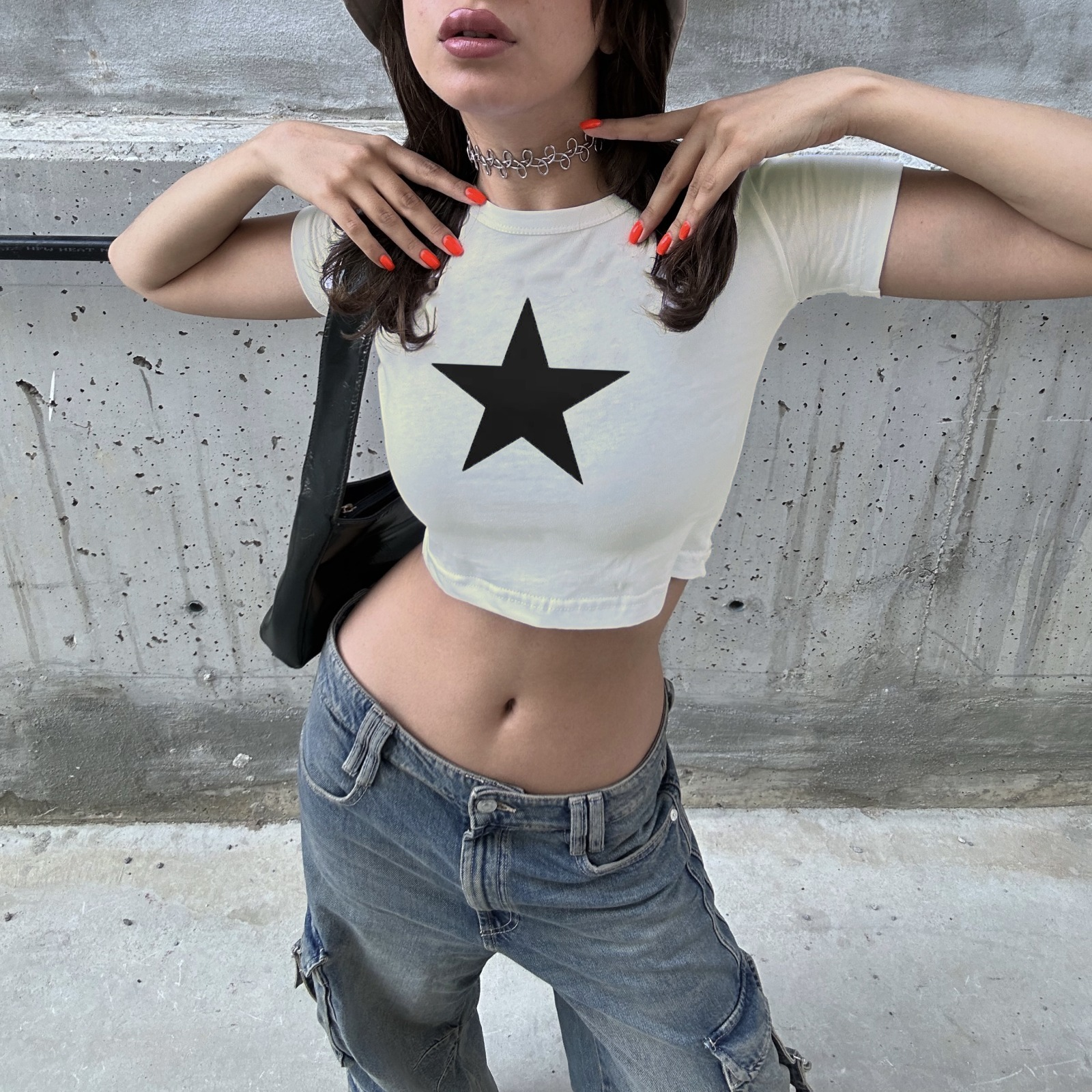 Star Black Baskılı Crop Top