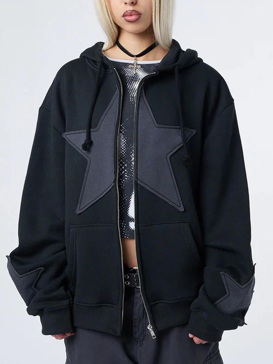 Star Detail Şardonlu Siyah Oversize Hırka