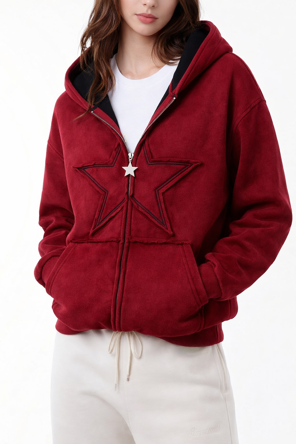 Star Washed Bordo Unisex Oversize Zip Hoodie