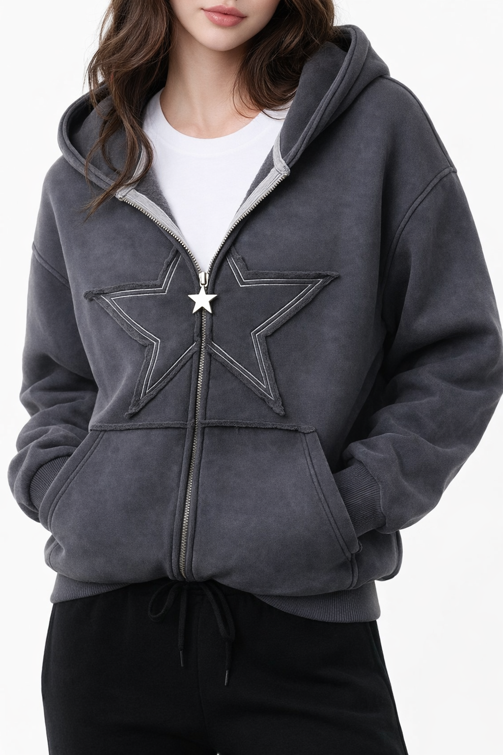 Star Washed Füme Unisex Oversize Zip Hoodie