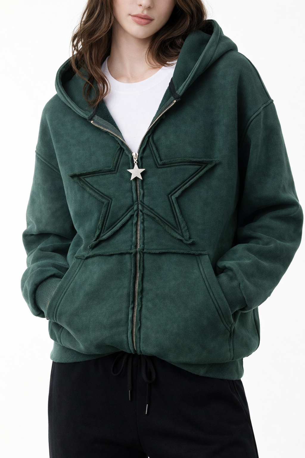 Star Washed Yeşil Unisex Oversize Zip Hoodie