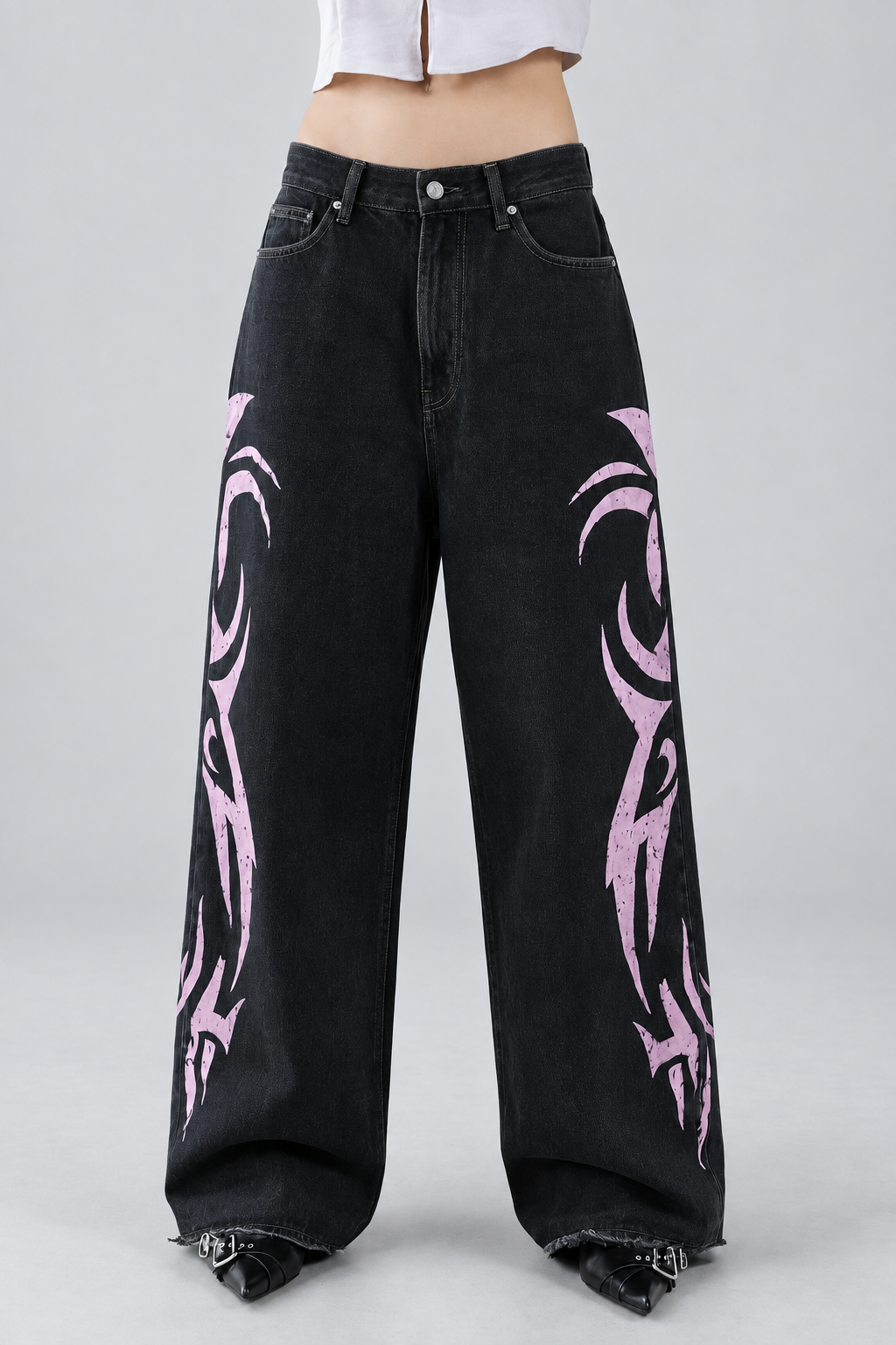 Tribal Desenli Pembe Yıkamalı Jean