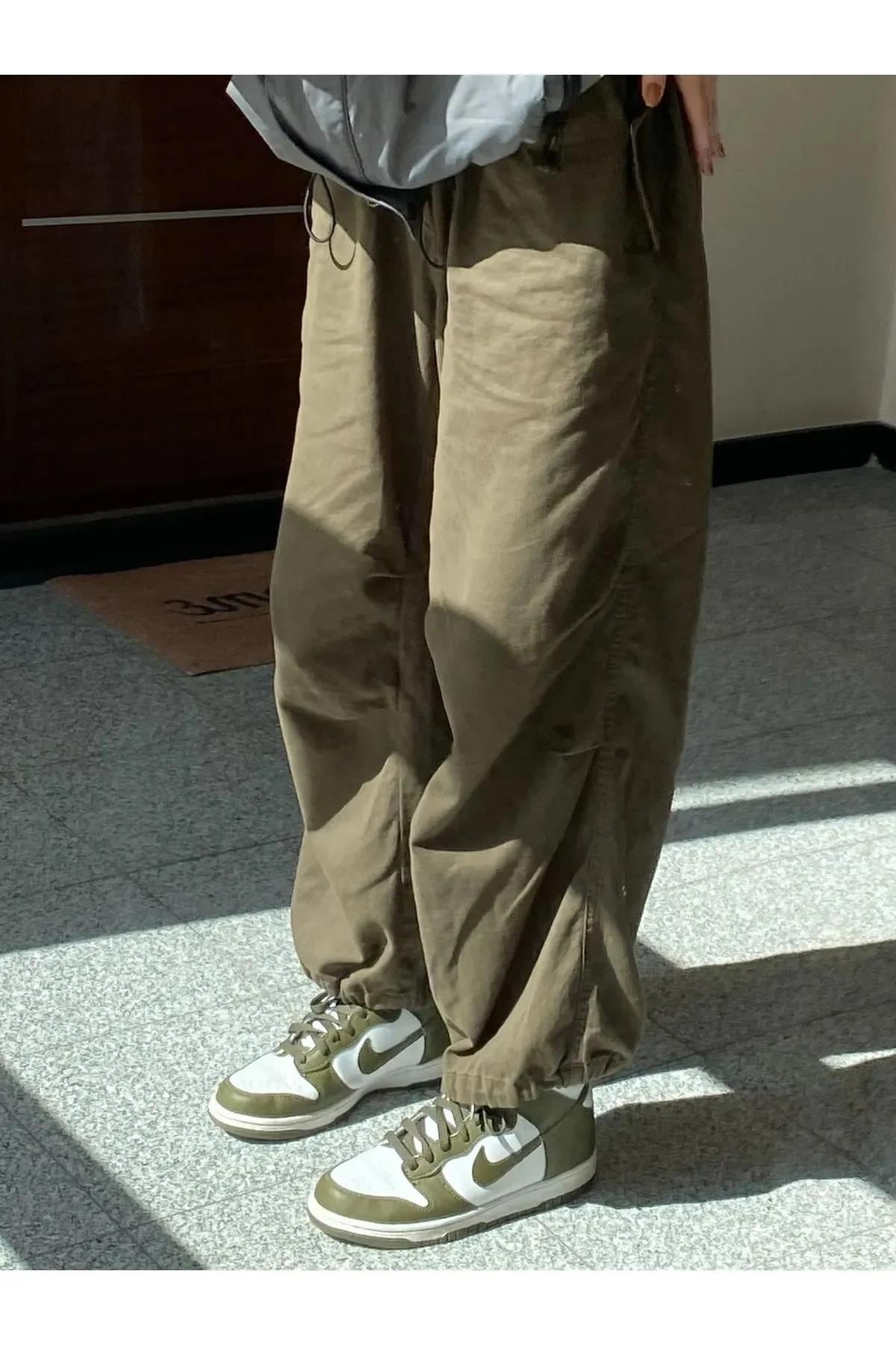 Unisex Tactical Baggy Haki Yeşil Paraşüt Kumaş Ayarlanabilir Bel Bol Pantolon