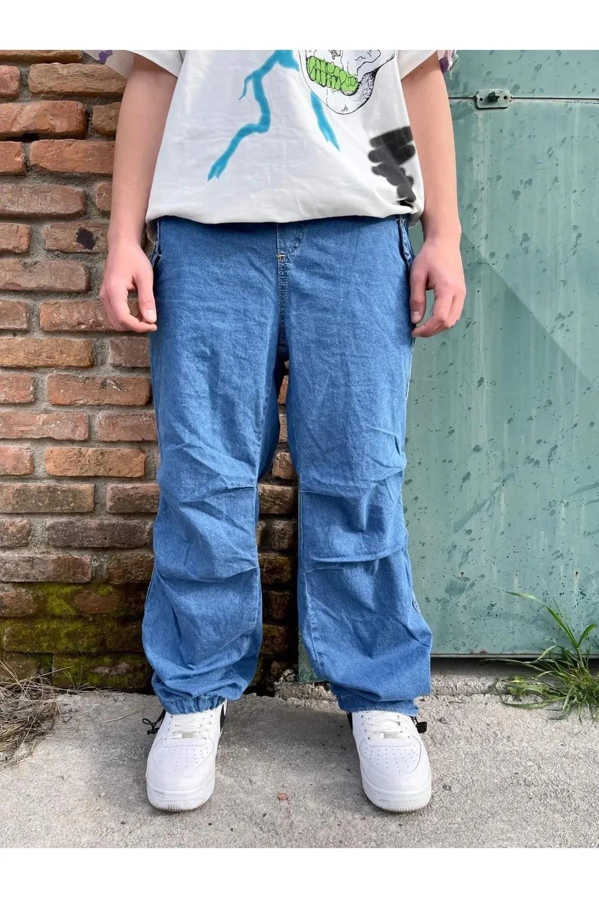 Unisex Tactical Baggy Kot Mavi Renk Paraşüt Kumaş Ayarlanabilir Bel Bol Pantolon