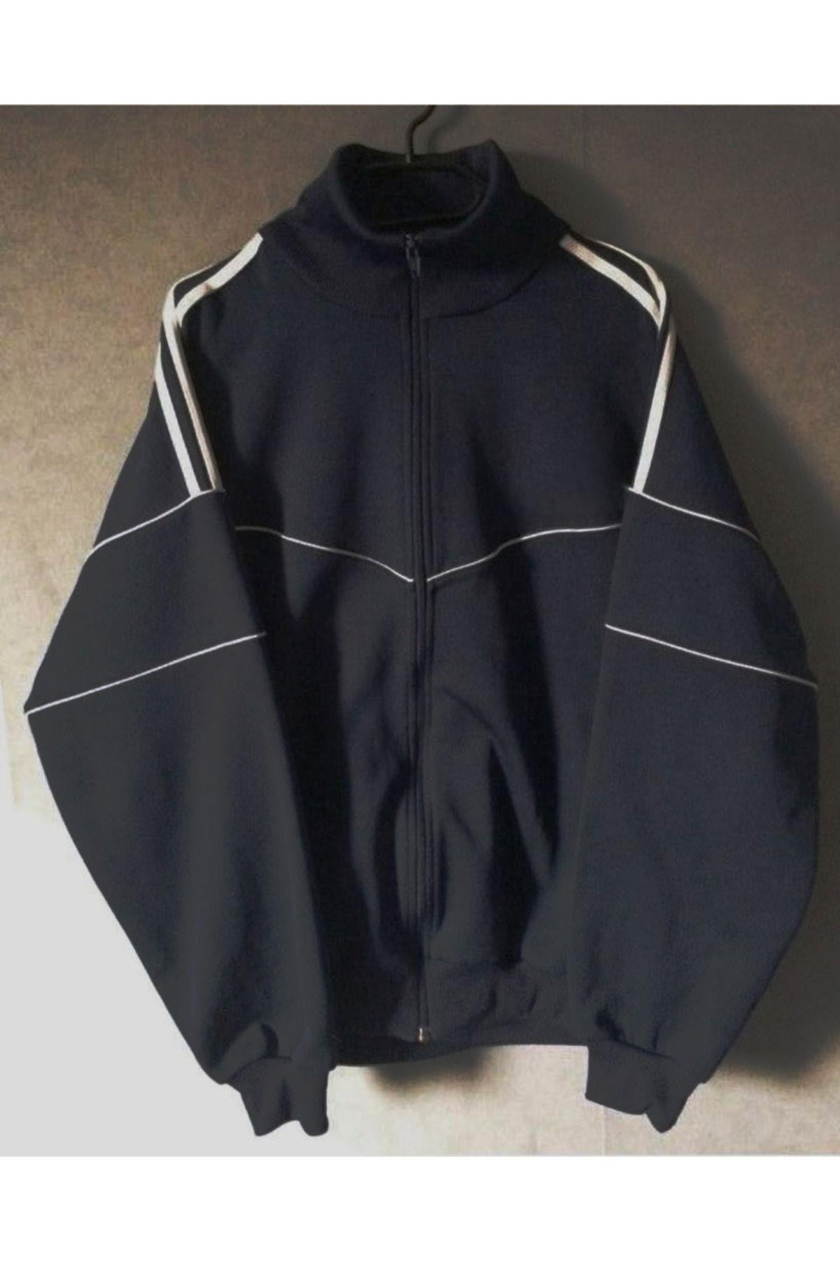 Unisex Zip Detail Vintage Oversize Kalın Kumaş Siyah Hırka (3 iplik)