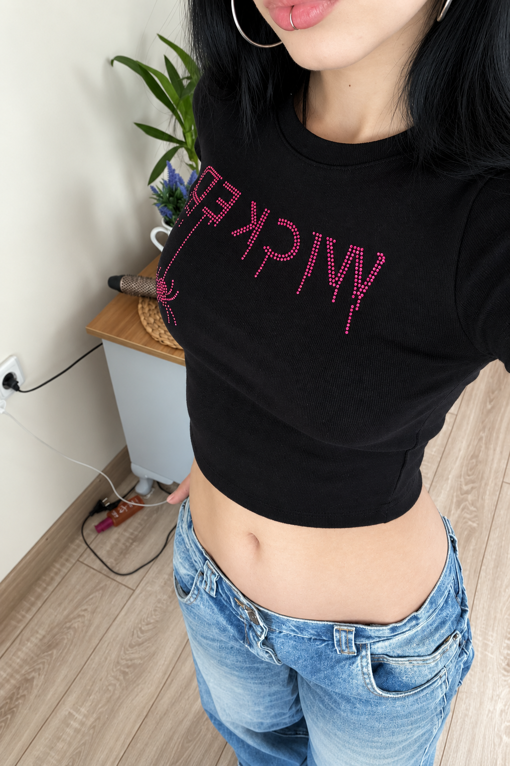 Wıcked Pembe Taş Baskılı Crop