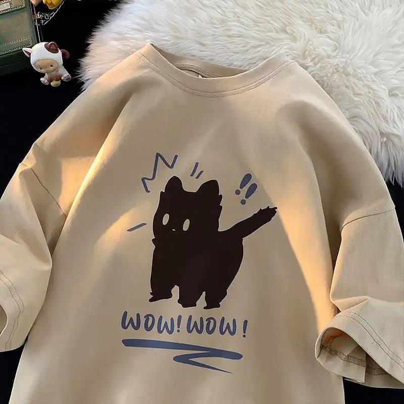 Wow Cat Detaylı Oversize Unisex Bej T-shirt