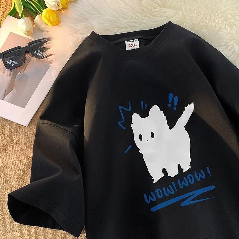Wow Cat Detaylı Oversize Unisex Siyah T-shirt