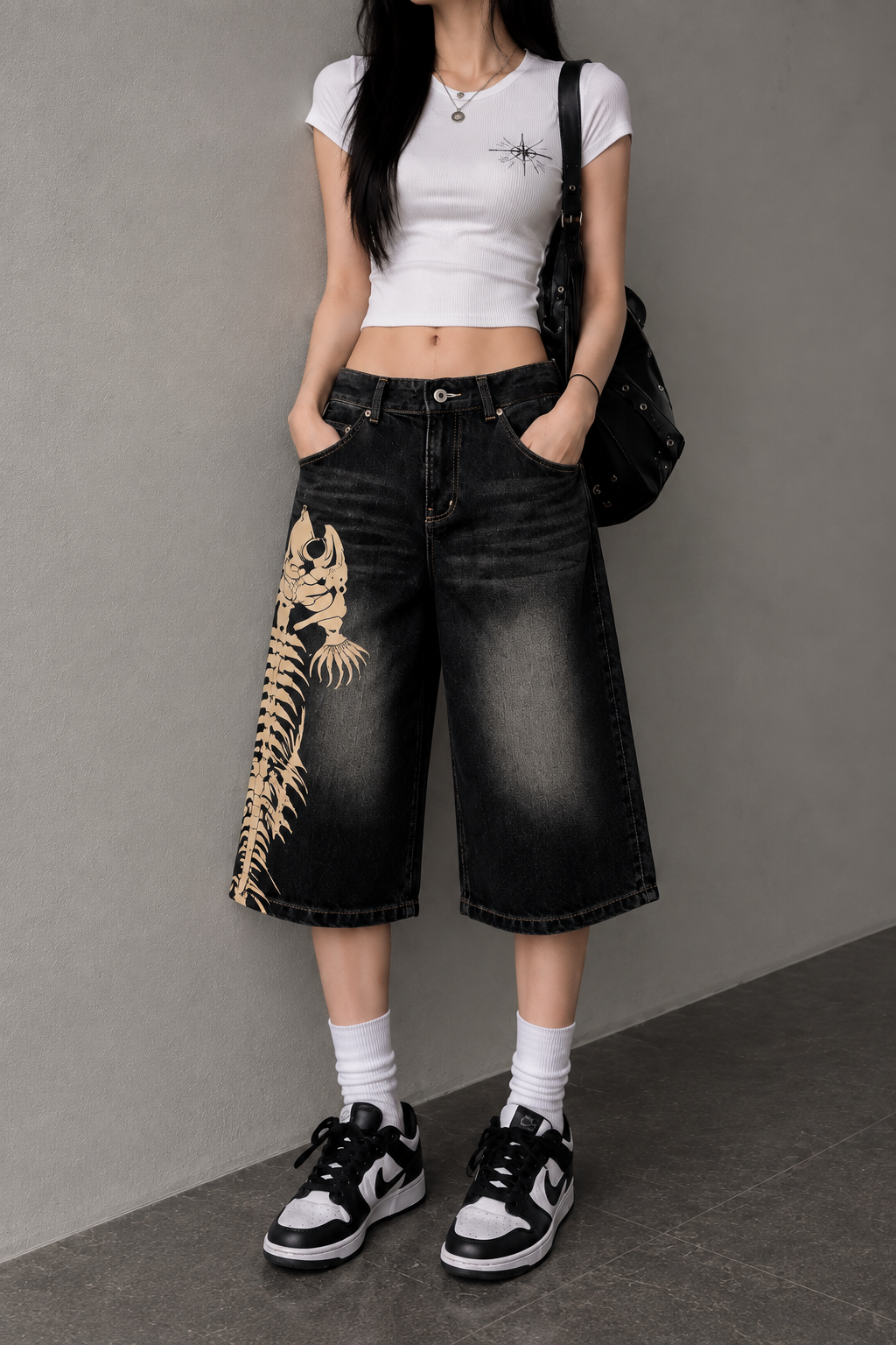 Y2K Balık İskeleti Baggy Denim Bermuda Şort