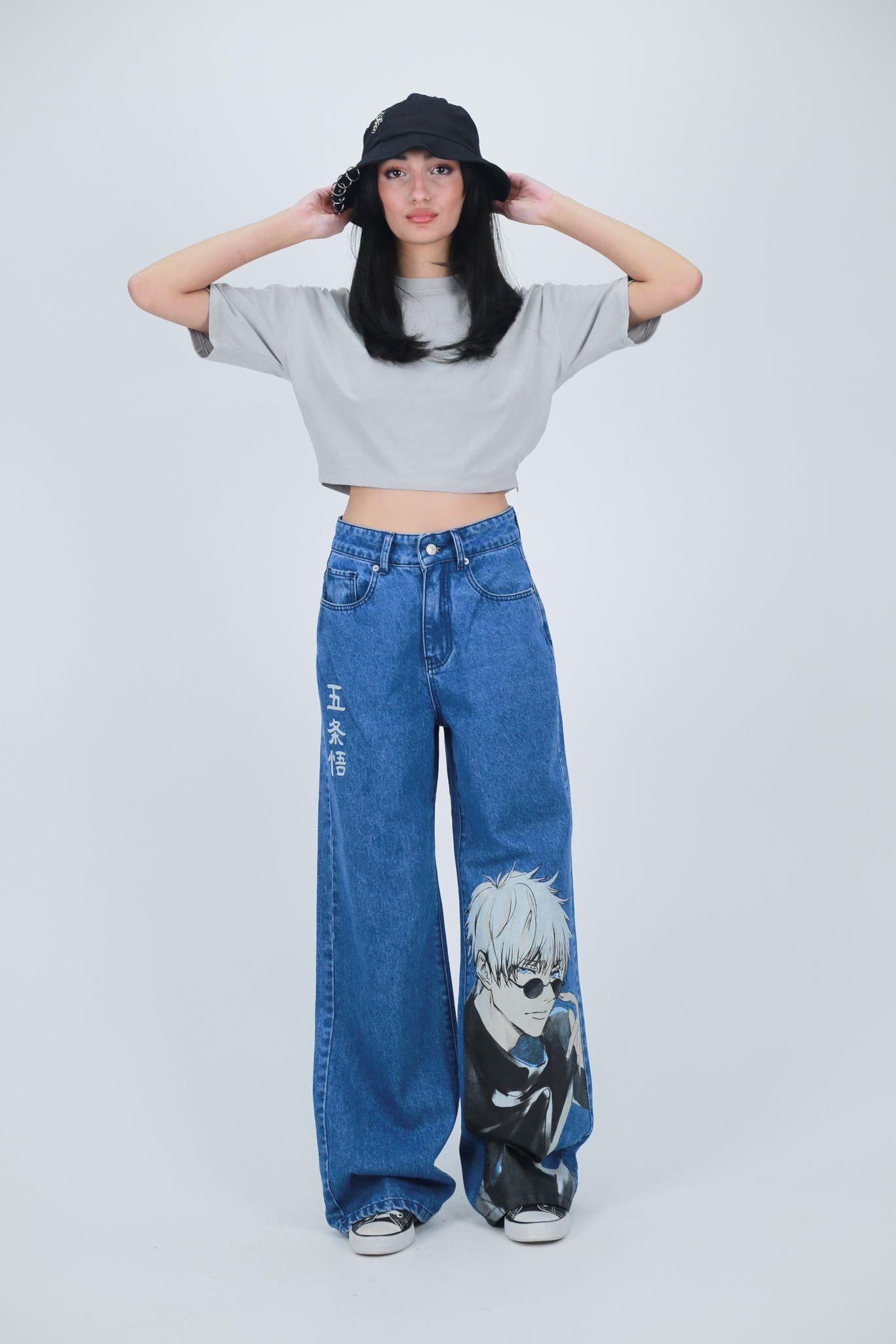 Y2k Mavi Baggy Unisex Yıkamalı Anime Baskılı Detail Pantolon