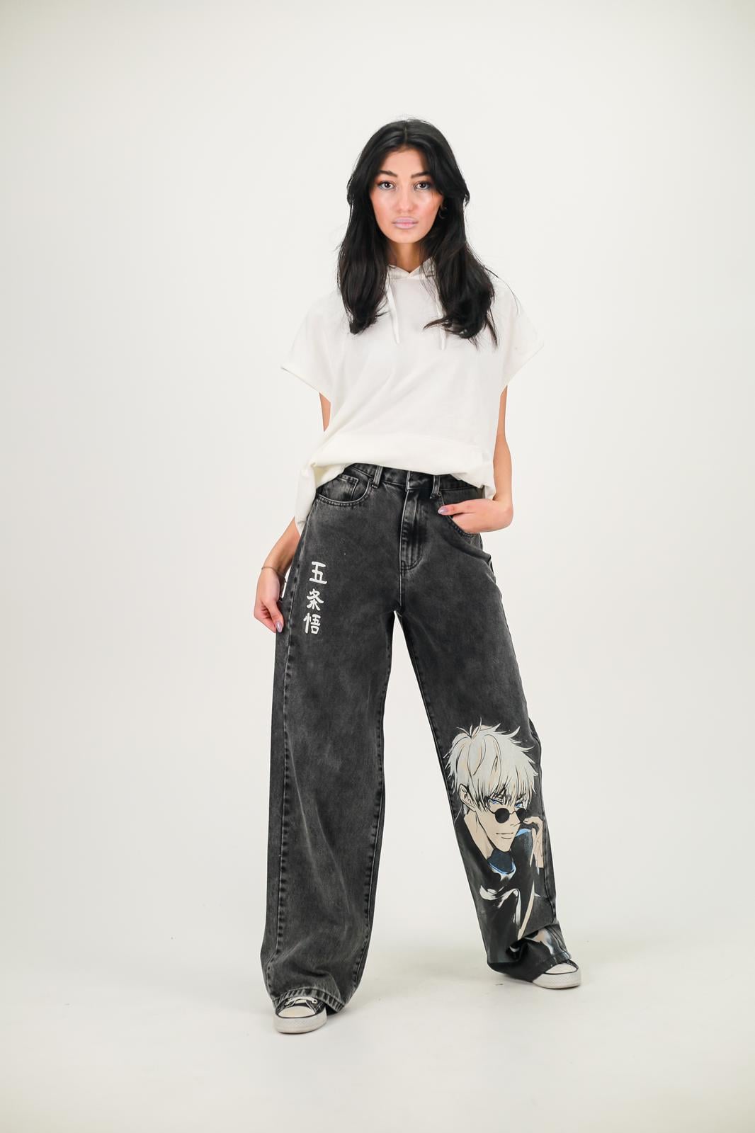 Y2k Siyah Baggy Unisex Yıkamalı Anime Baskılı Detail Pantolon
