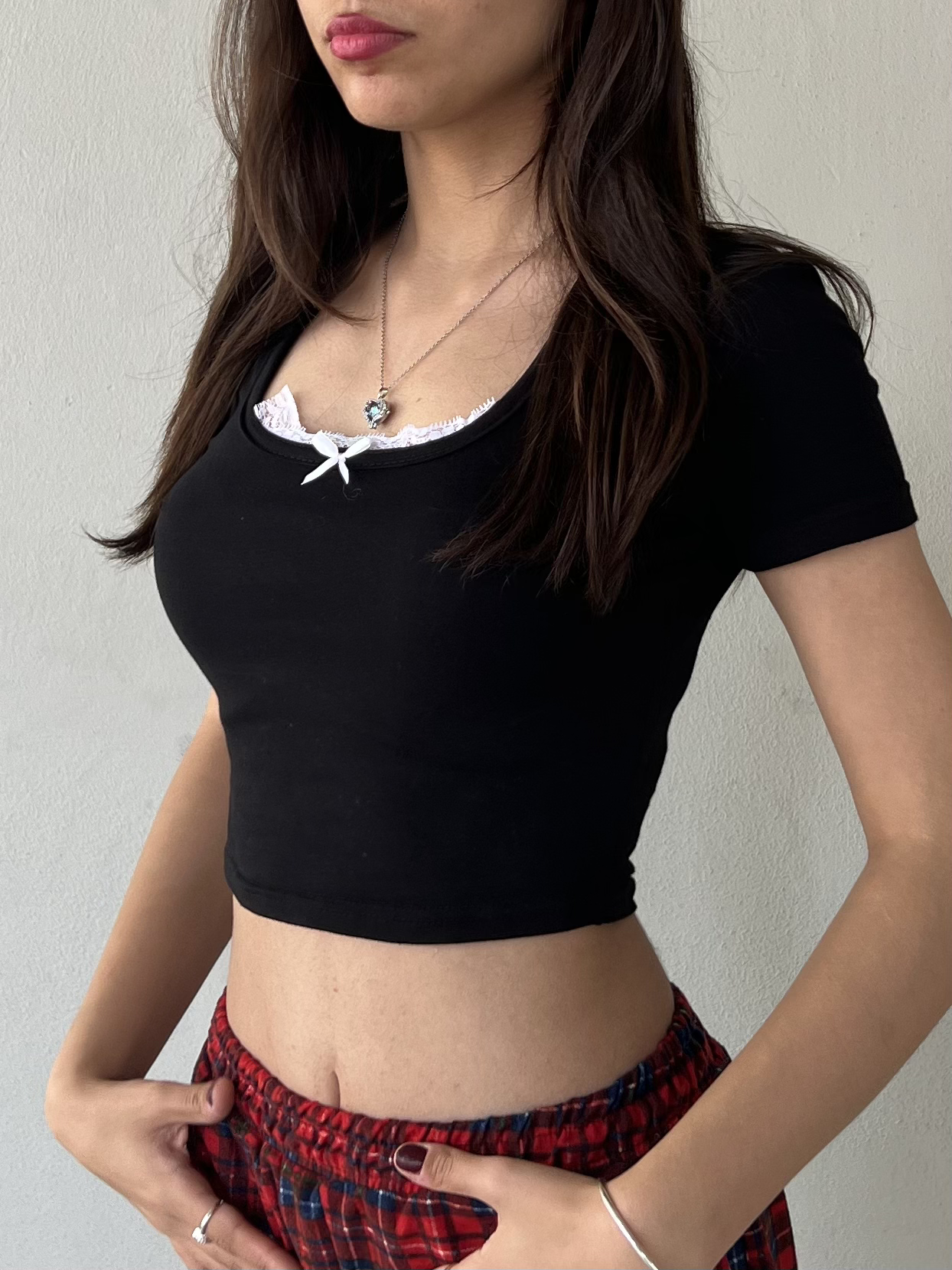 Y2k Siyah Kurdele Detaylı Crop Bluz
