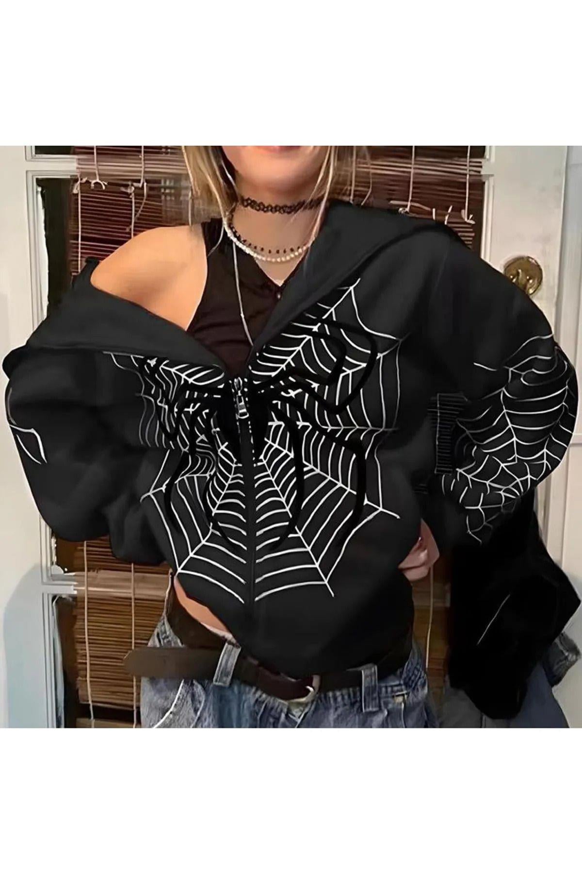 Y2k Spider Detail Black Hırka Sweatshirt