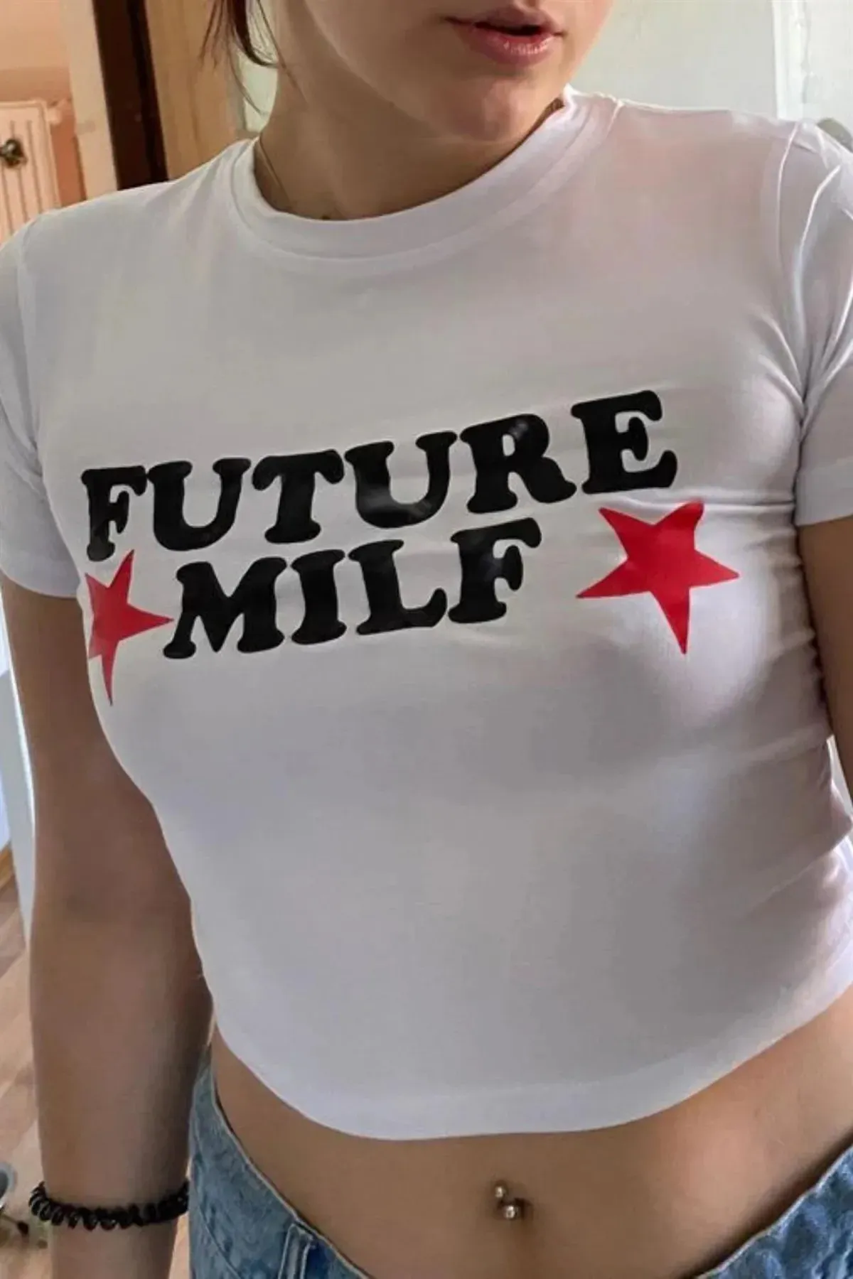 Y2k Tech Beyaz Future Milf Baskılı Crop