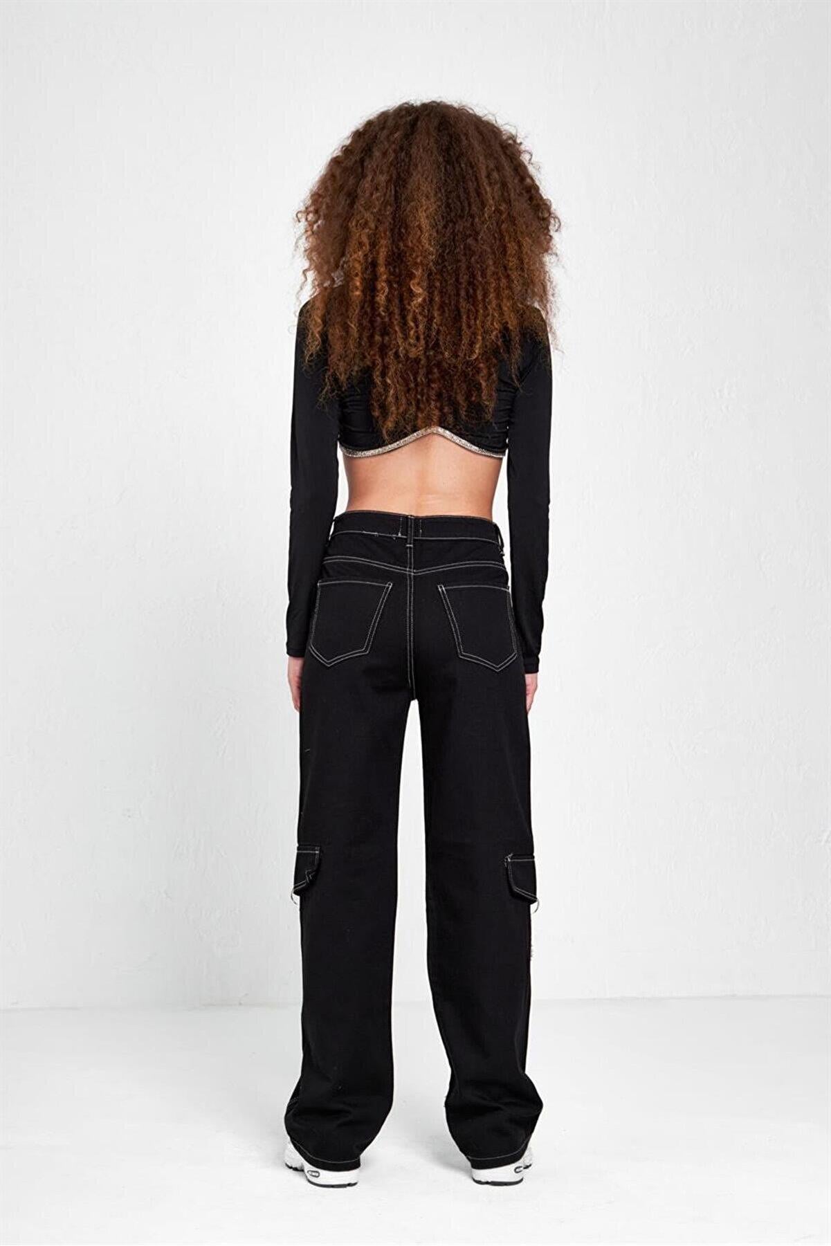 Y2k Ters Dikiş Zincir Detay Kargo Cepli Siyah Pantolon - Gofeel