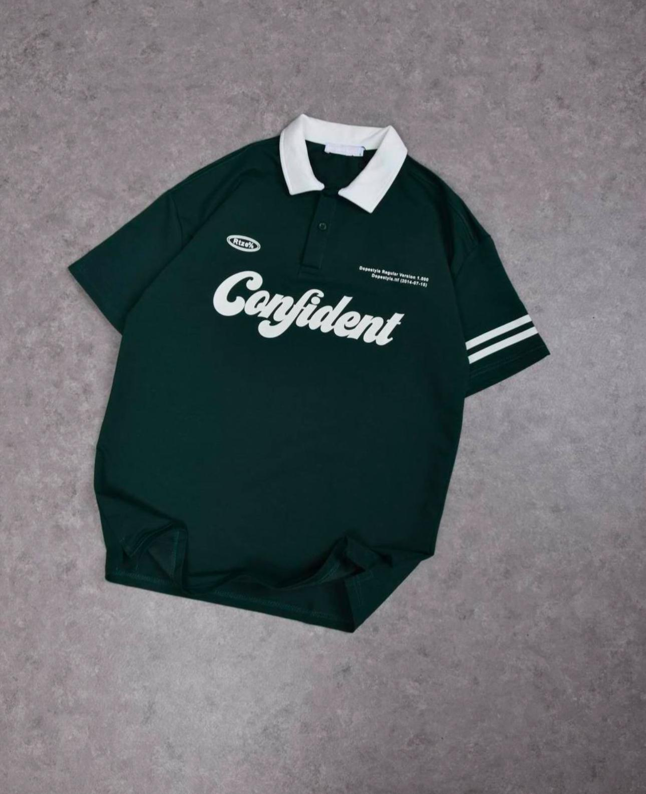 Yeşil Polo Yaka Canfident Baskılı Oversize Kısa Kol Tshirt