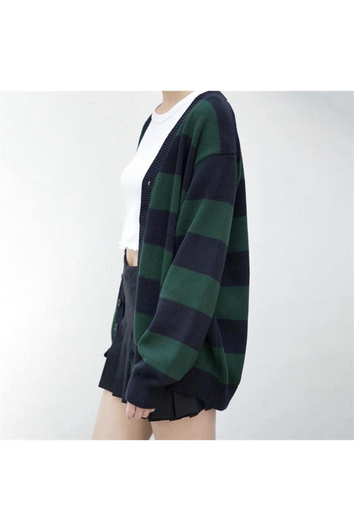 Yeşil Siyah Çizgili Triko Unisex Oversize Hırka