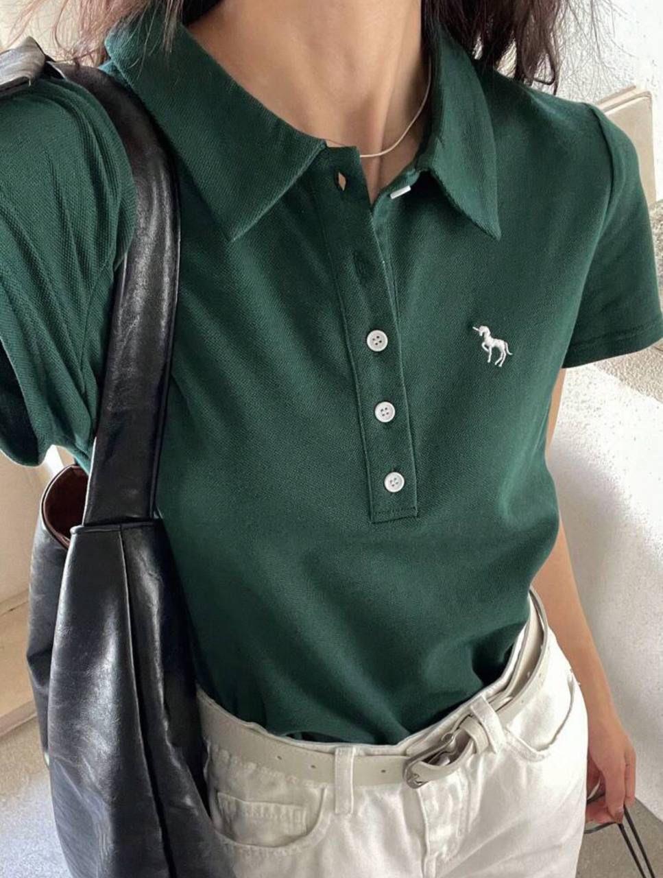 Yeşil Tek Boynuzlu At Baskılı Polo Yaka Düğmeli Kısa Kol Tshirt 