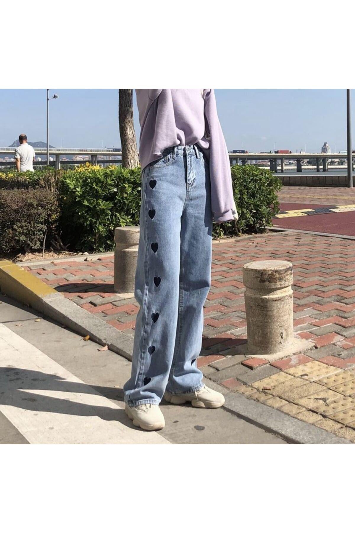 Yüksek Bel Kalp Detaylı Baggy Yıkamalı Pantolon