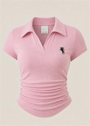 Pembe Polo Yaka Fitilli Likralı Bluz