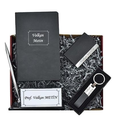 Baskılı Premium Defter Kristal İsimlik Kartvizitlik ve Anahtarlık Hediye Kutusu