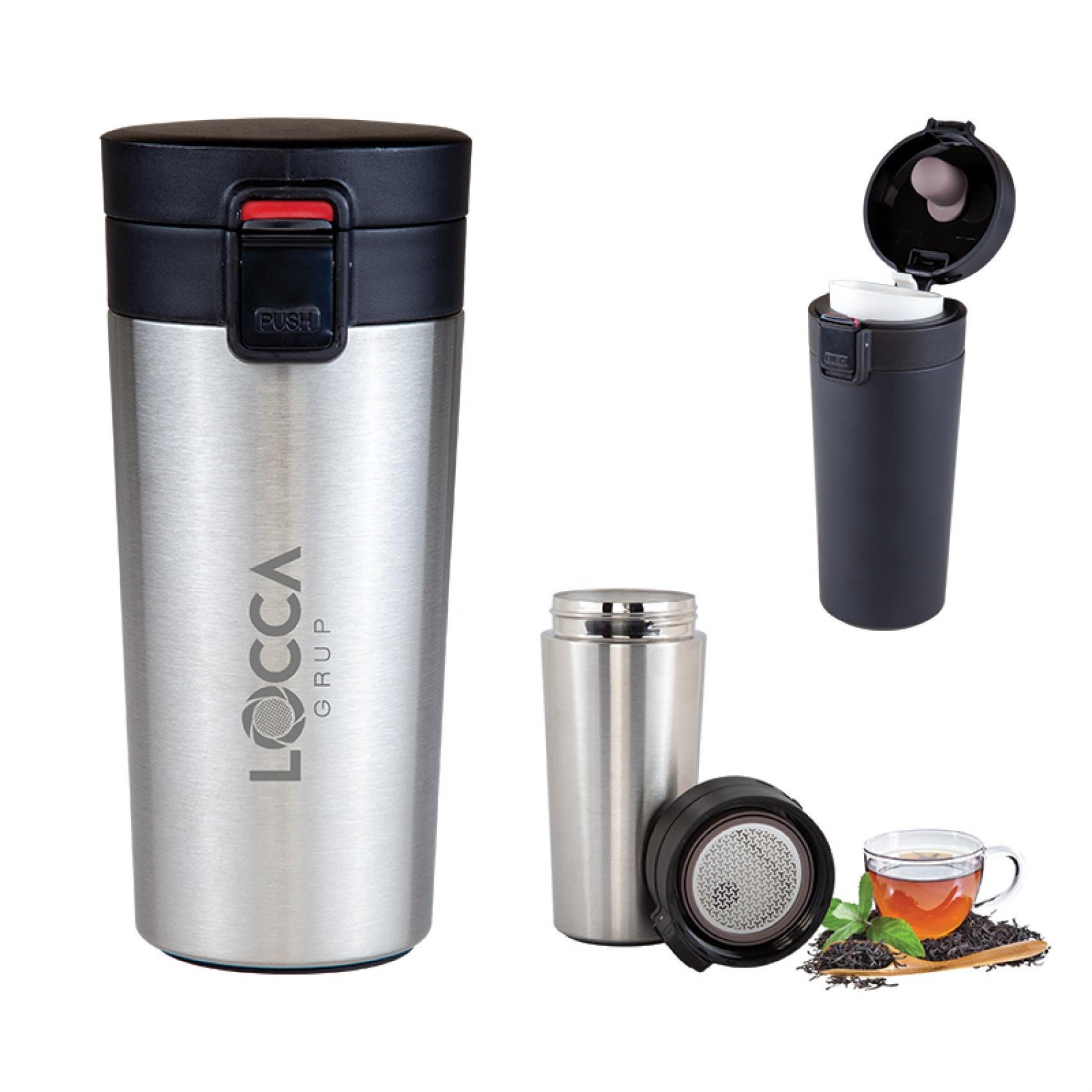 Gri  Açma/Kapatma Düğmeli Çelik Termos Mug 350 ml