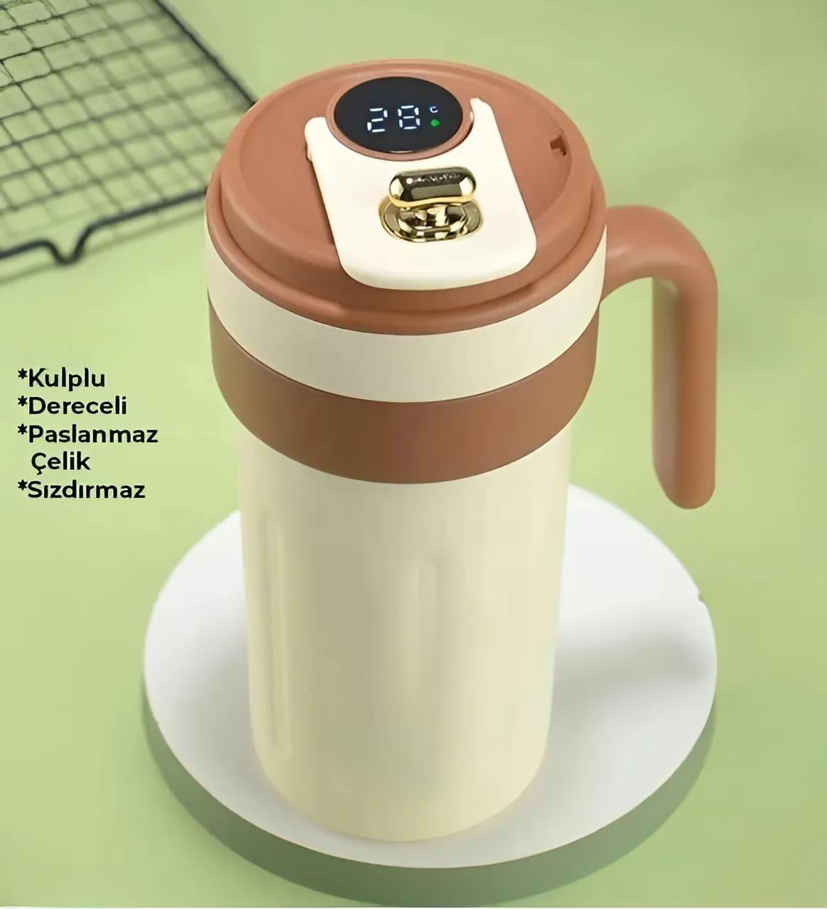Kulplu Dijital Kahverengi Çelik Termos 700 ml