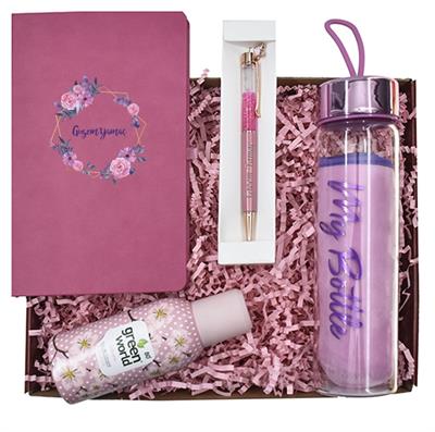 Pembe Çiçek Çerçeveli Defter Cam Matara Kolonya ve Kalem Hediye Kutusu