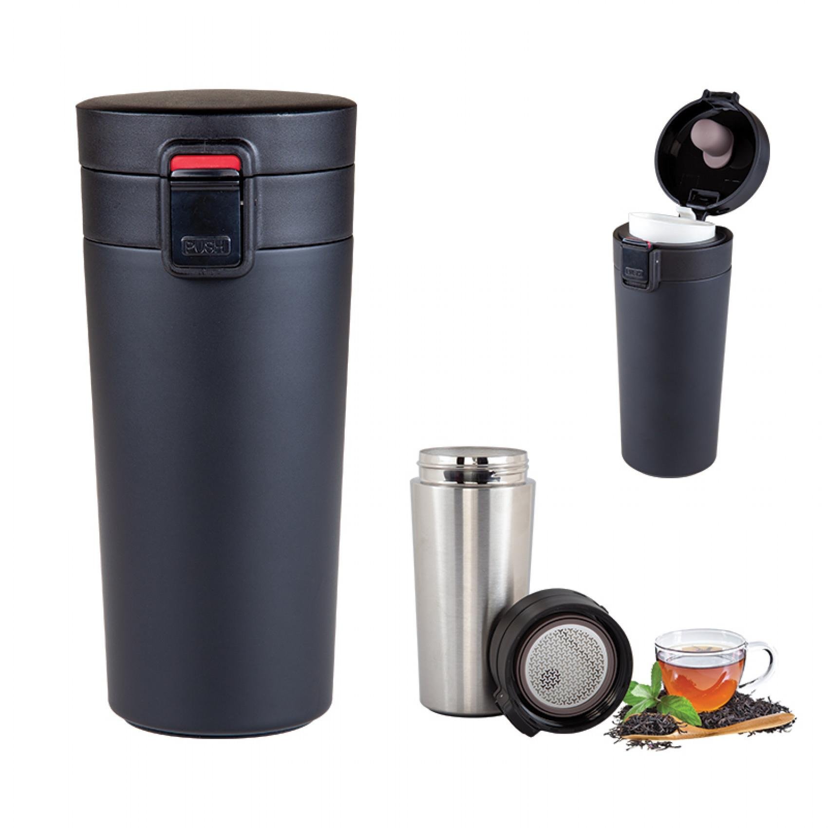 Siyah Açma/Kapatma Düğmeli Çelik Termos Mug 350 ml