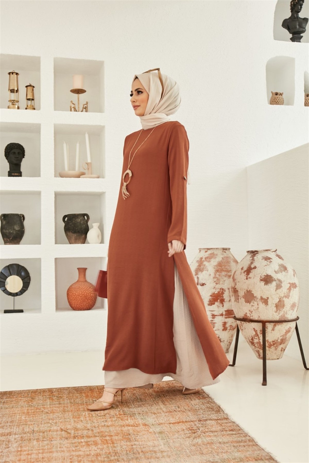 Tesettür Kadın İki Renkli Tek Parça Elbise Kiremit Elbise