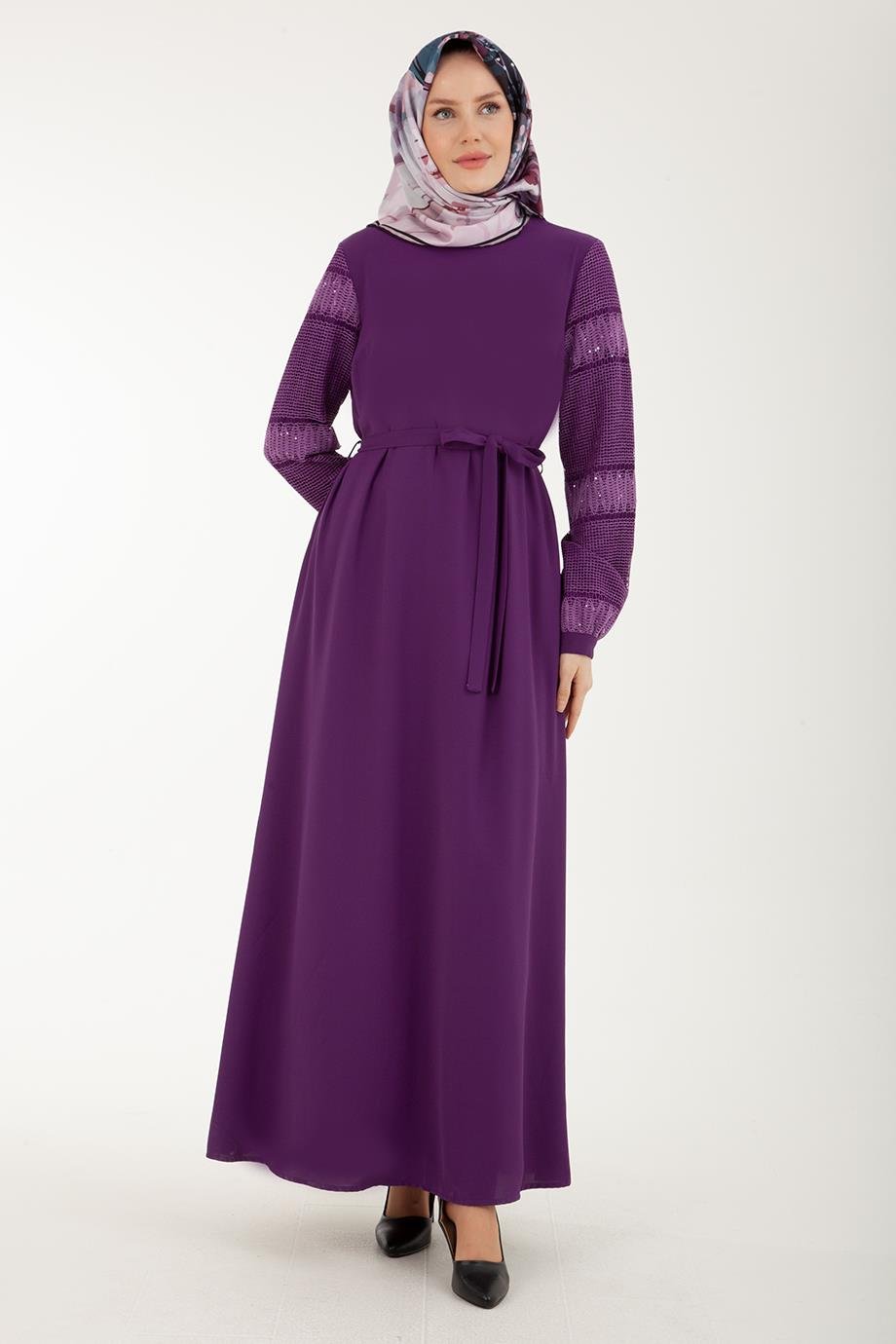 ARMİNE TREND Kolları File Detaylı Tam Astarlı Beli Kuşak Kemerli Elbise-Mürdüm 22KT905 ARMİNE TREND Kolları File Detaylı Tam Astarlı Beli Kuşak Kemerli Elbise-Mürdüm 22KT905