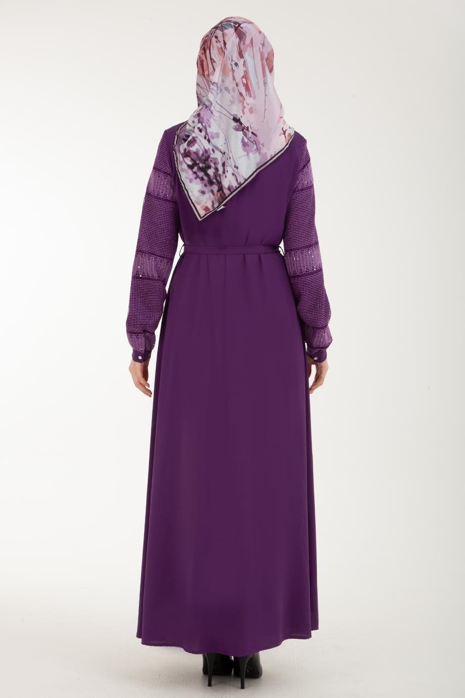 ARMİNE TREND Kolları File Detaylı Tam Astarlı Beli Kuşak Kemerli Elbise-Mürdüm 22KT905 ARMİNE TREND Kolları File Detaylı Tam Astarlı Beli Kuşak Kemerli Elbise-Mürdüm 22KT905
