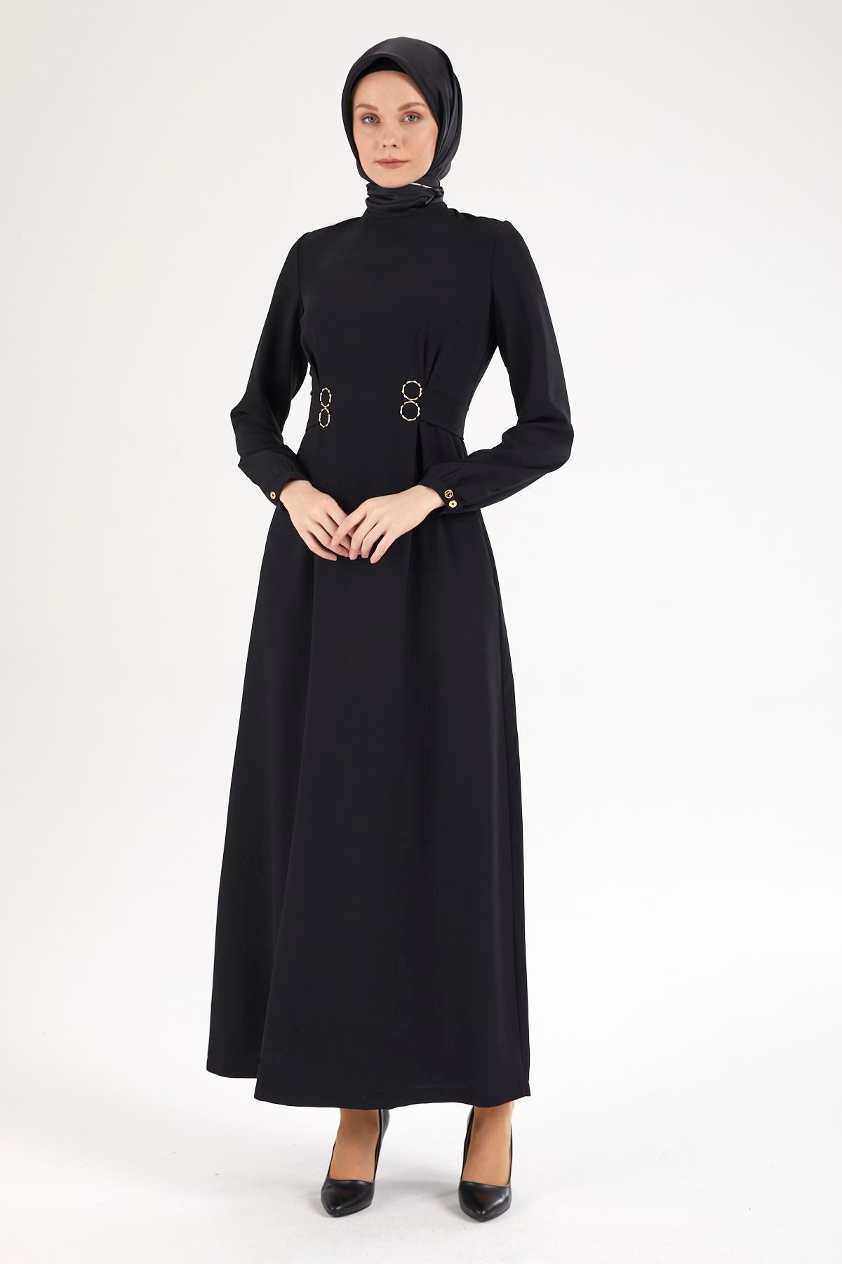 ARMİNE TREND Belden Halka Desenli Elbise-Siyah 25YT926
