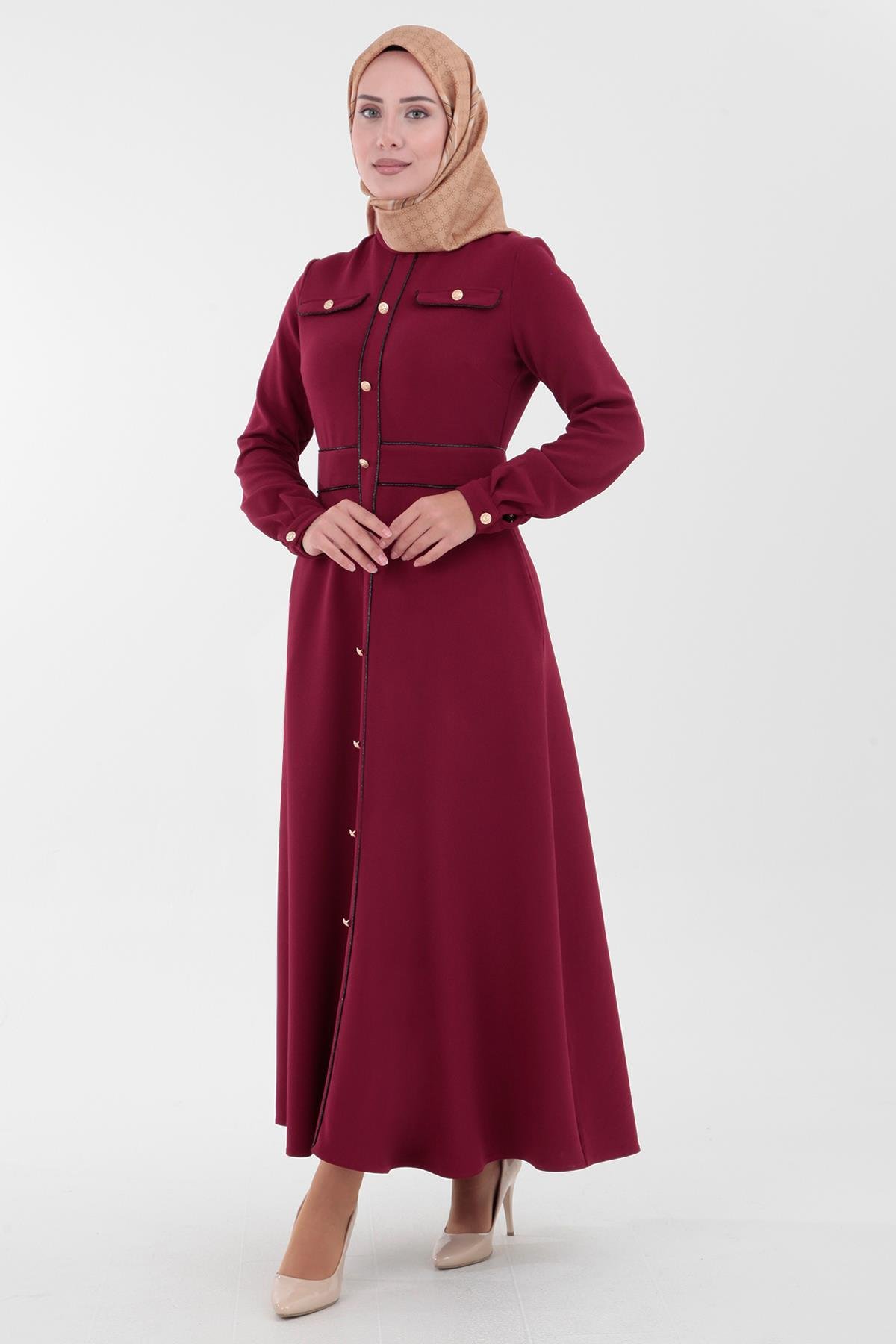 ARMİNE TREND Düğme Aksesuarlı Arkadan Fermuarlı Örme Kumaş Elbise-Bordo 23KT902 ARMİNE TREND Düğme Aksesuarlı Arkadan Fermuarlı Örme Kumaş Elbise-Bordo 23KT902