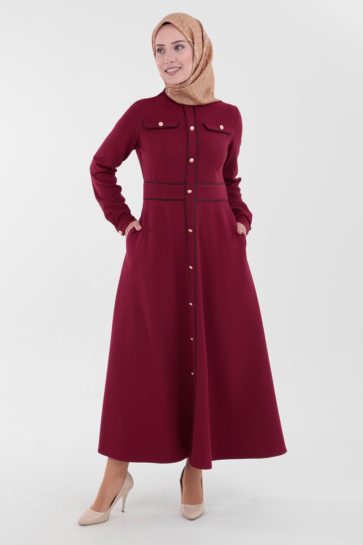 ARMİNE TREND Düğme Aksesuarlı Arkadan Fermuarlı Örme Kumaş Elbise-Bordo 23KT902 ARMİNE TREND Düğme Aksesuarlı Arkadan Fermuarlı Örme Kumaş Elbise-Bordo 23KT902