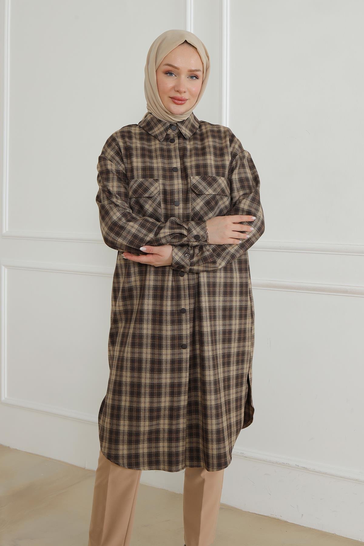 ARMİNE TREND Gömlek Yaka Çıtçıtlı Tunik-Kahve-Vizon 24KT415 ARMİNE TREND Gömlek Yaka Çıtçıtlı Tunik-Kahve-Vizon 24KT415