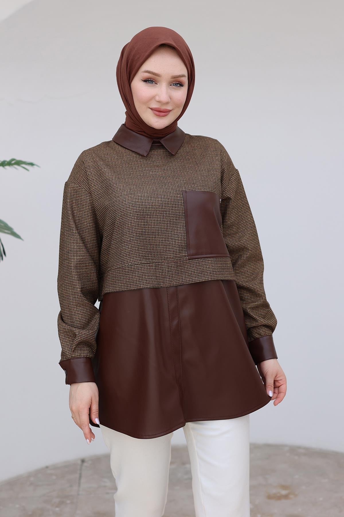 ARMİNE TREND Gömlek Yaka Deri Detaylı Tunik-Kahverengi 24KT468 ARMİNE TREND Gömlek Yaka Deri Detaylı Tunik-Kahverengi 24KT468