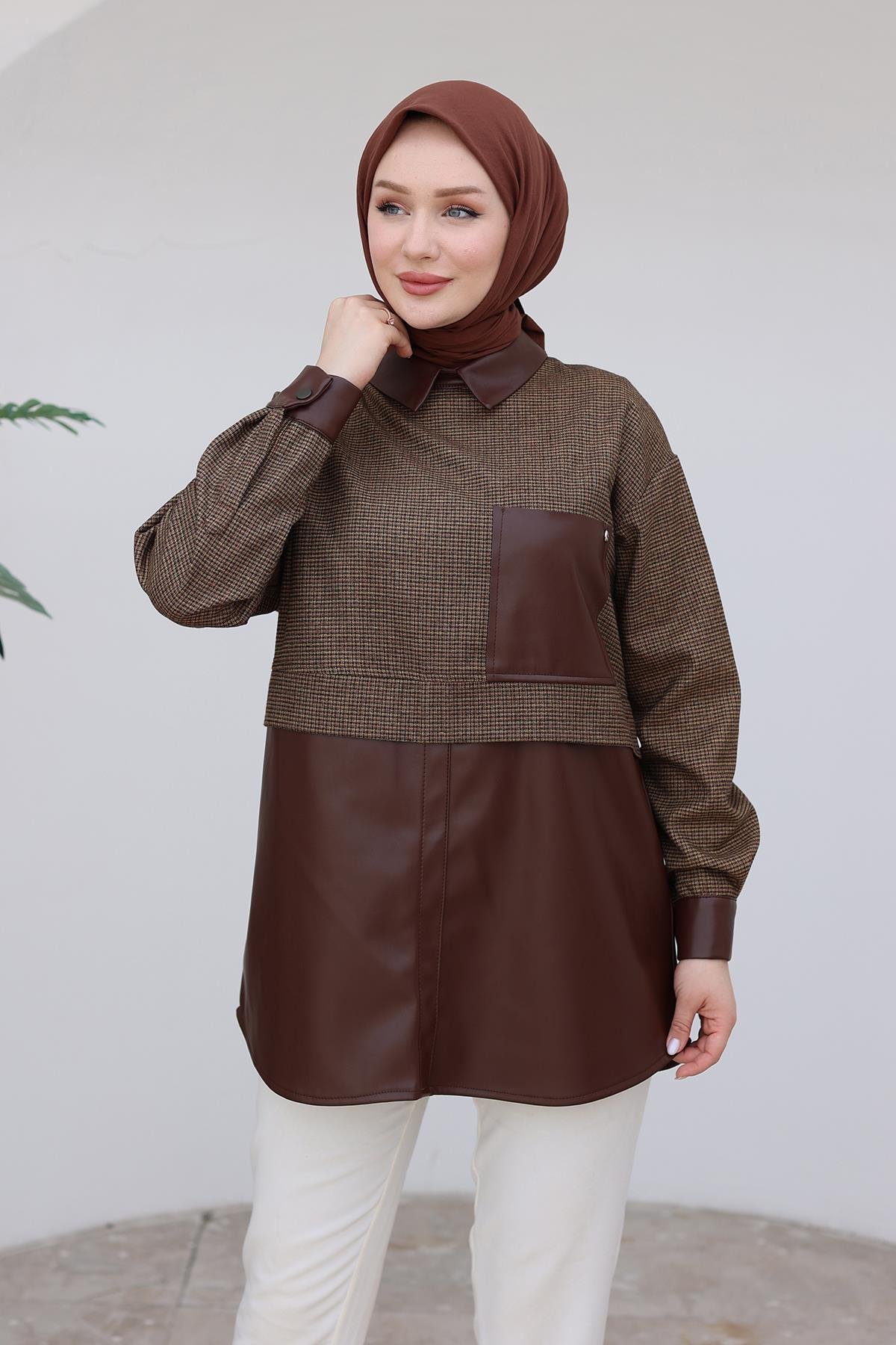 ARMİNE TREND Gömlek Yaka Deri Detaylı Tunik-Kahverengi 24KT468 ARMİNE TREND Gömlek Yaka Deri Detaylı Tunik-Kahverengi 24KT468