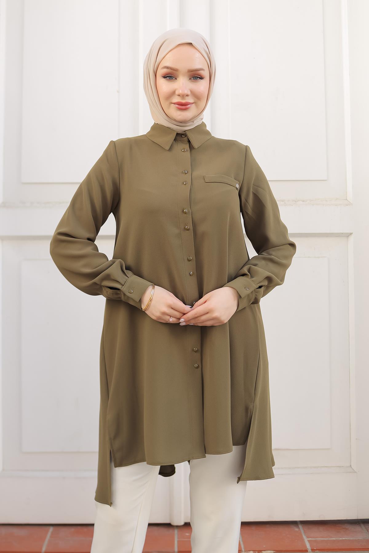ARMİNE TREND Gömlek Yaka Düğmeli Tunik-Koyu Yeşil 24KT444 ARMİNE TREND Gömlek Yaka Düğmeli Tunik-Koyu Yeşil 24KT444