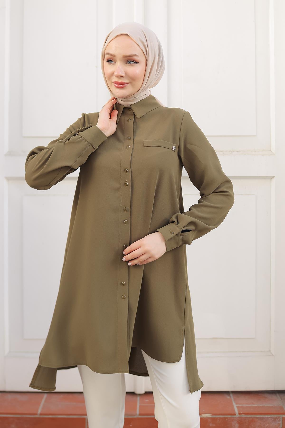 ARMİNE TREND Gömlek Yaka Düğmeli Tunik-Koyu Yeşil 24KT444 ARMİNE TREND Gömlek Yaka Düğmeli Tunik-Koyu Yeşil 24KT444