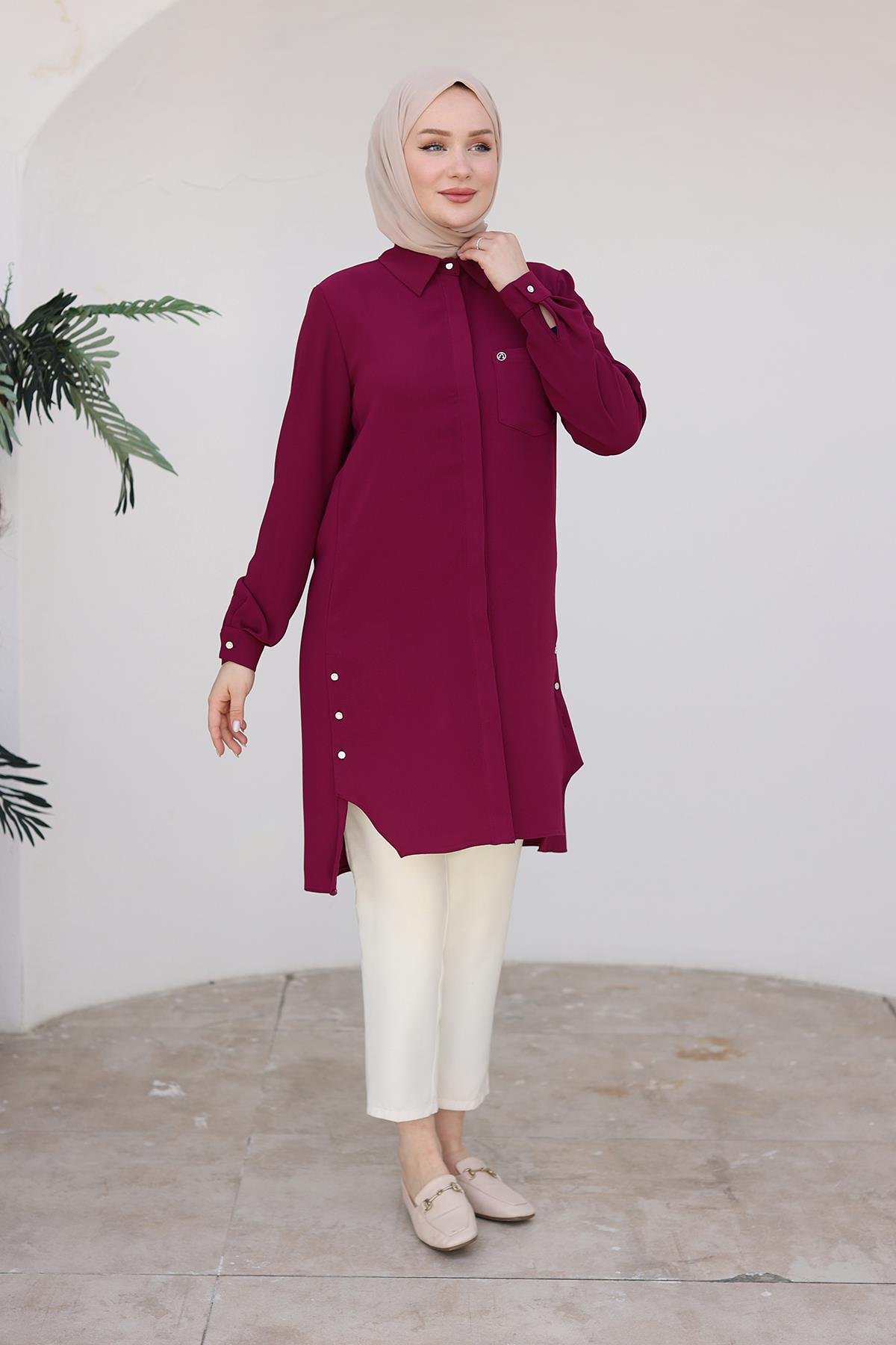 ARMİNE TREND Gömlek Yakalı Gizli Düğmeli Tunik-Vişne 24KT473 ARMİNE TREND Gömlek Yakalı Gizli Düğmeli Tunik-Vişne 24KT473