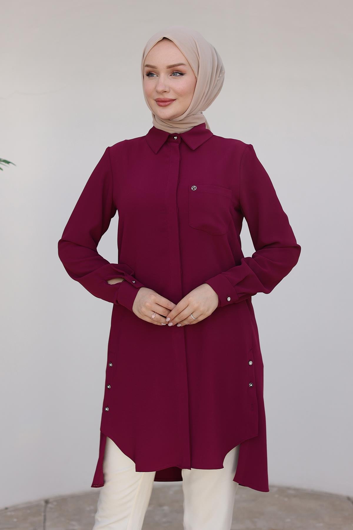 ARMİNE TREND Gömlek Yakalı Gizli Düğmeli Tunik-Vişne 24KT473 ARMİNE TREND Gömlek Yakalı Gizli Düğmeli Tunik-Vişne 24KT473