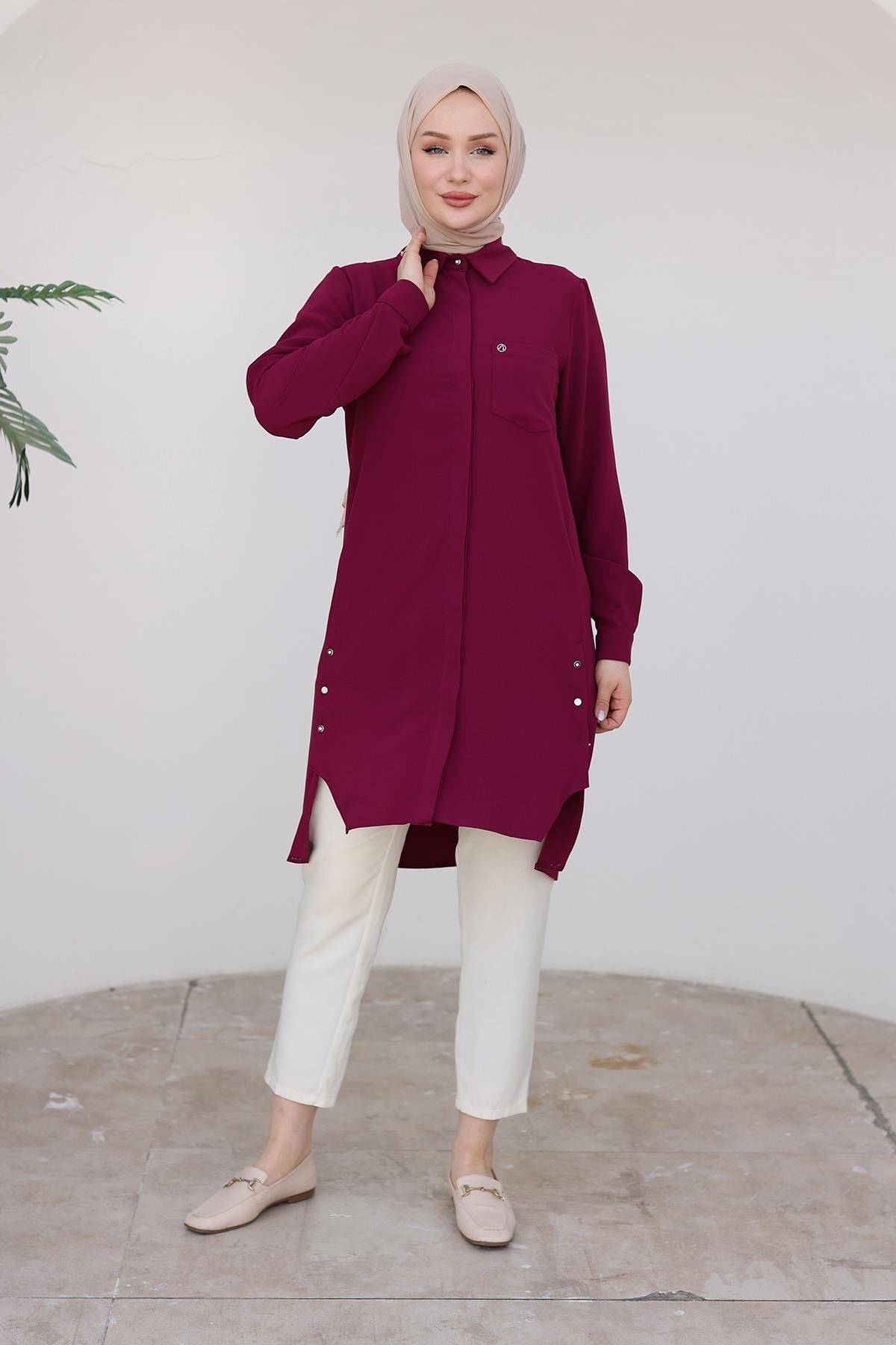 ARMİNE TREND Gömlek Yakalı Gizli Düğmeli Tunik-Vişne 24KT473 ARMİNE TREND Gömlek Yakalı Gizli Düğmeli Tunik-Vişne 24KT473
