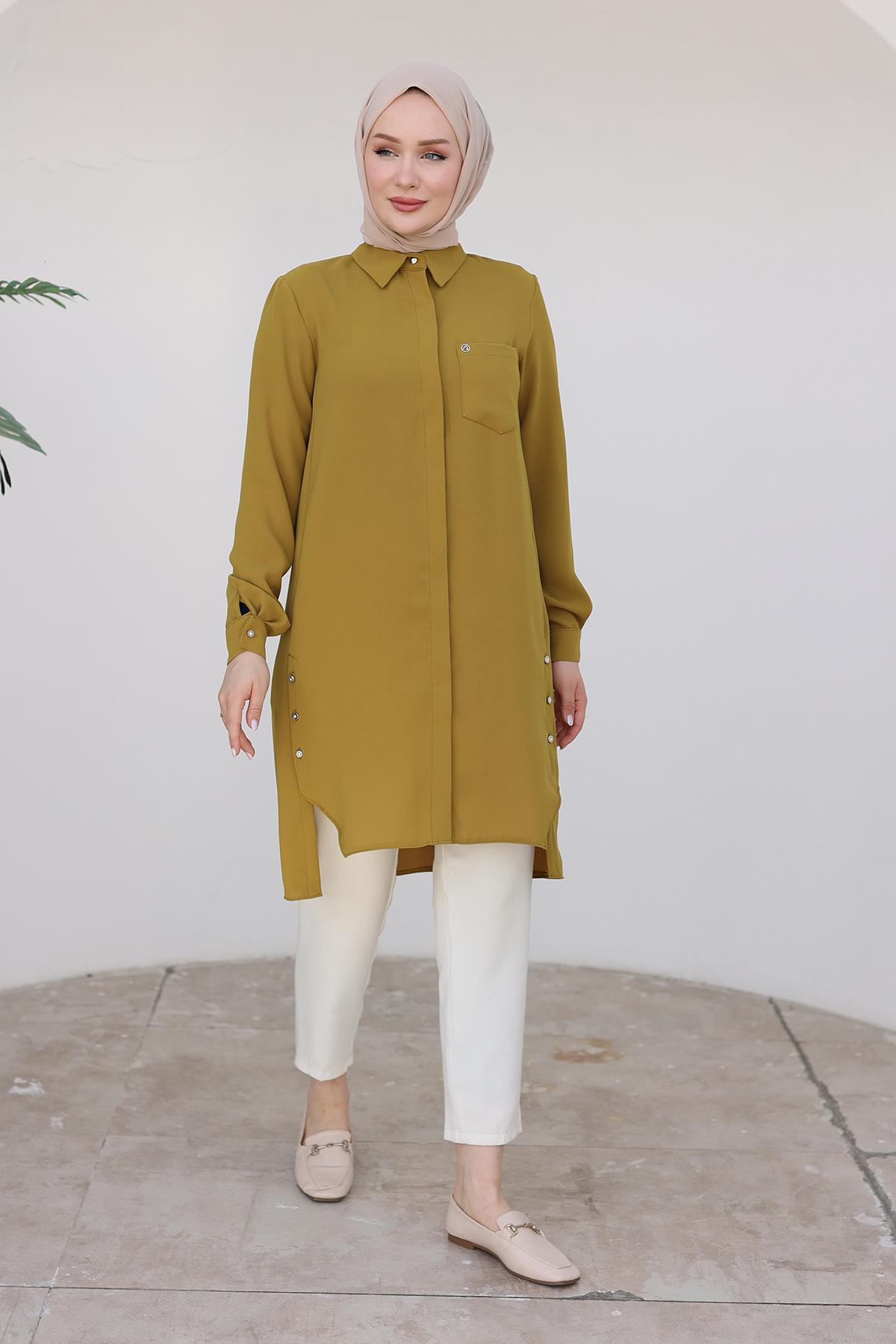 ARMİNE TREND Gömlek Yakalı Gizli Düğmeli Tunik-Hardal 24KT473 ARMİNE TREND Gömlek Yakalı Gizli Düğmeli Tunik-Hardal 24KT473