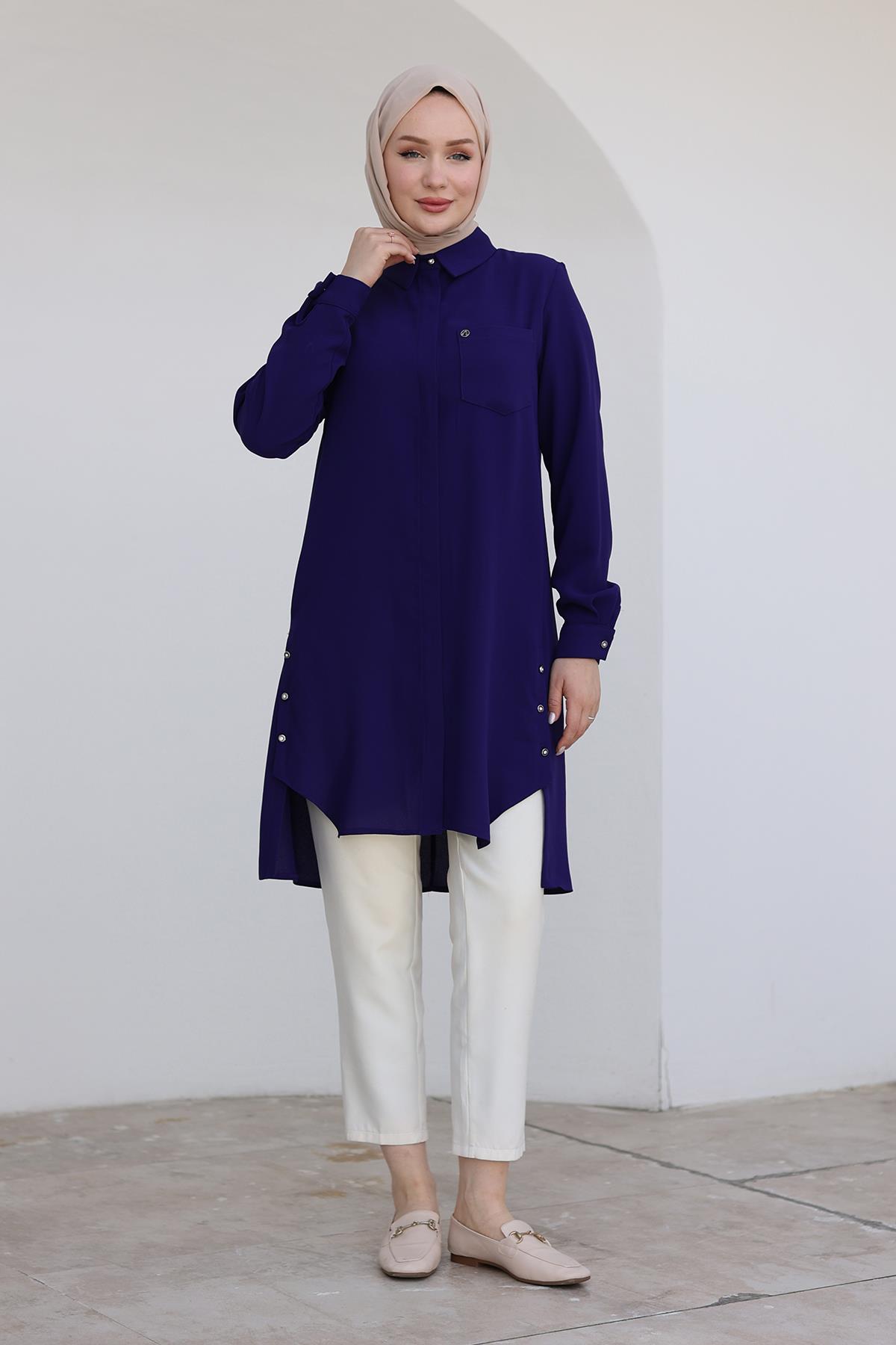 ARMİNE TREND Gömlek Yakalı Gizli Düğmeli Tunik-Morcivert 24kt473 ARMİNE TREND Gömlek Yakalı Gizli Düğmeli Tunik-Morcivert 24kt473