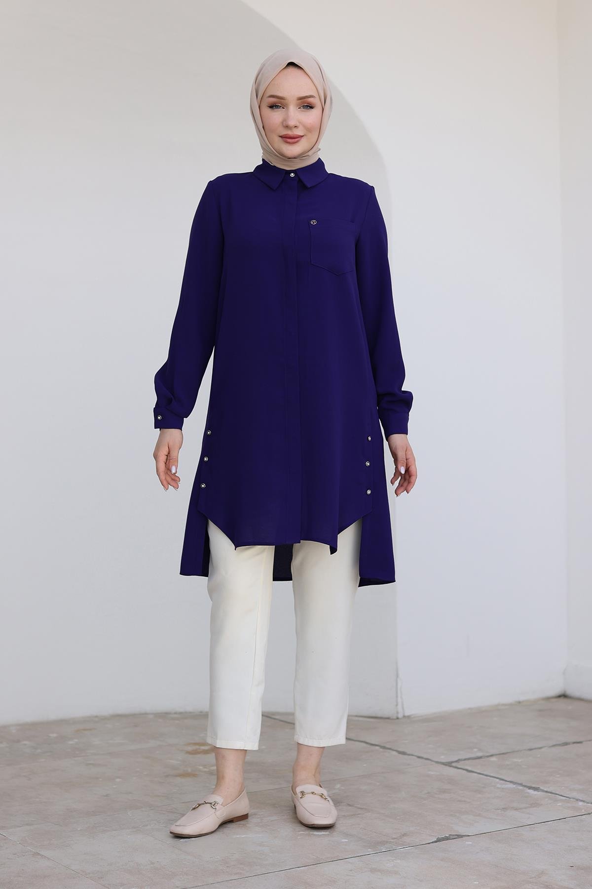 ARMİNE TREND Gömlek Yakalı Gizli Düğmeli Tunik-Morcivert 24kt473 ARMİNE TREND Gömlek Yakalı Gizli Düğmeli Tunik-Morcivert 24kt473