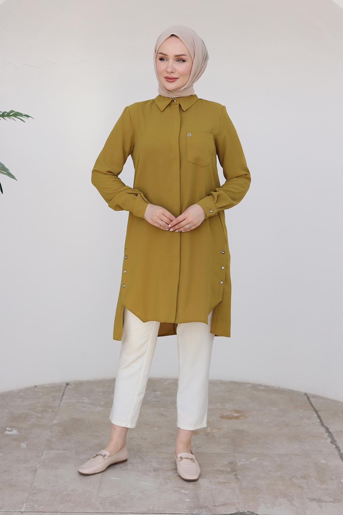 ARMİNE TREND Gömlek Yakalı Gizli Düğmeli Tunik-Hardal 24KT473 ARMİNE TREND Gömlek Yakalı Gizli Düğmeli Tunik-Hardal 24KT473