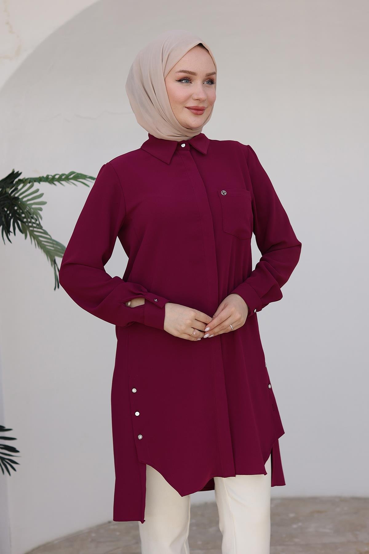 ARMİNE TREND Gömlek Yakalı Gizli Düğmeli Tunik-Vişne 24KT473 ARMİNE TREND Gömlek Yakalı Gizli Düğmeli Tunik-Vişne 24KT473