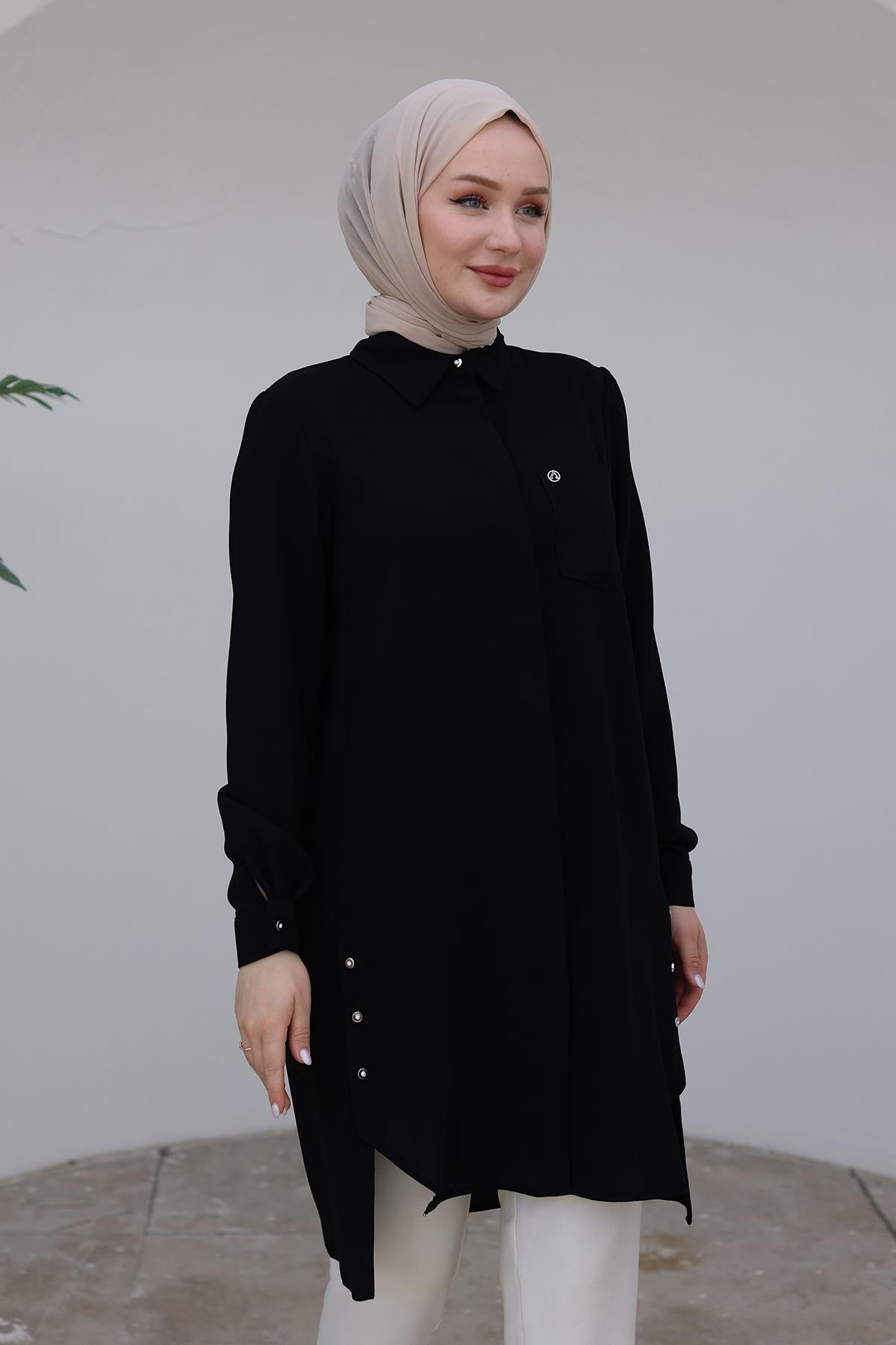 ARMİNE TREND Gömlek Yakalı Gizli Düğmeli Tunik-Siyah 24KT473 ARMİNE TREND Gömlek Yakalı Gizli Düğmeli Tunik-Siyah 24KT473