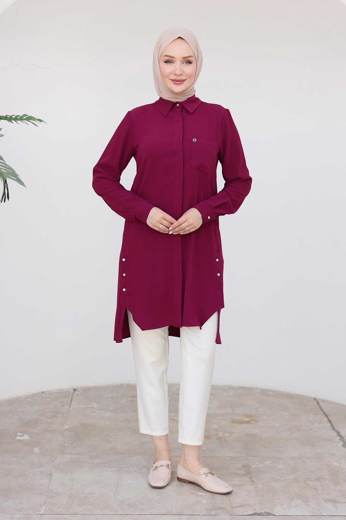 ARMİNE TREND Gömlek Yakalı Gizli Düğmeli Tunik-Vişne 24KT473 ARMİNE TREND Gömlek Yakalı Gizli Düğmeli Tunik-Vişne 24KT473